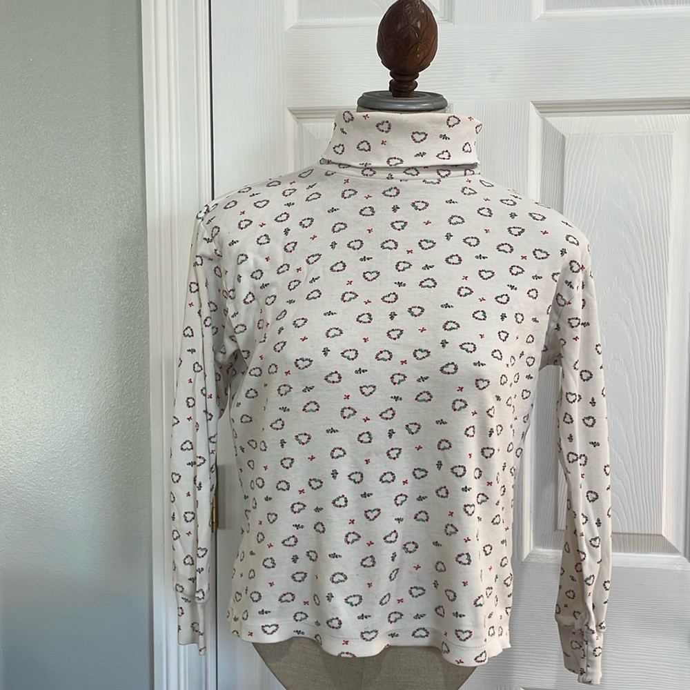 Vintage Christmas white turtleneck candy canes Hearts bows garland womens size S